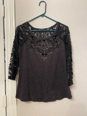 Miss Me Black Lace-Sleeve Embellished Sheer Top size small